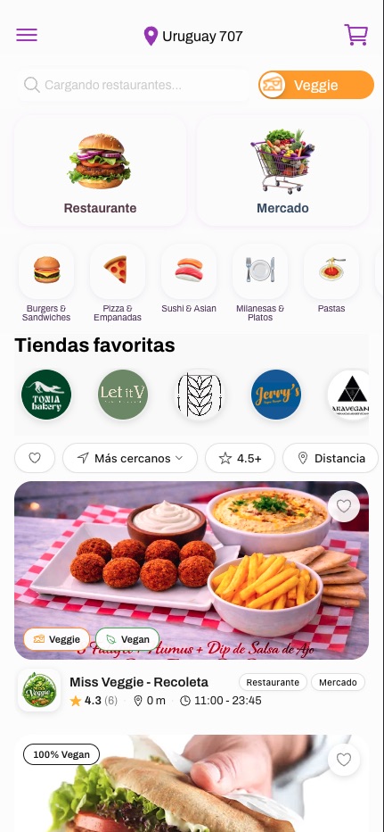 Pantalla principal de V-Go con restaurantes, mercado y promociones