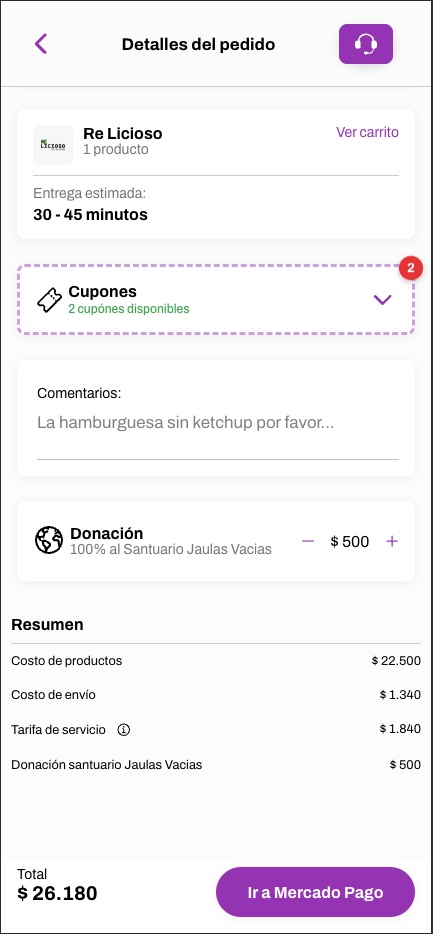 Detalles del pedido con cupones, donación y total