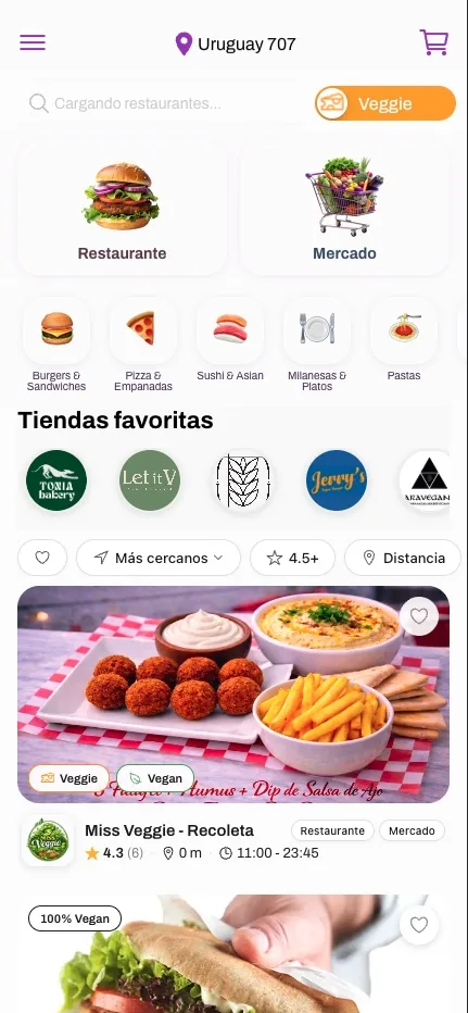 Inicio de la app V-Go con locales y rubros